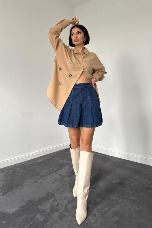 Beige Stone-Embroidered Shirt