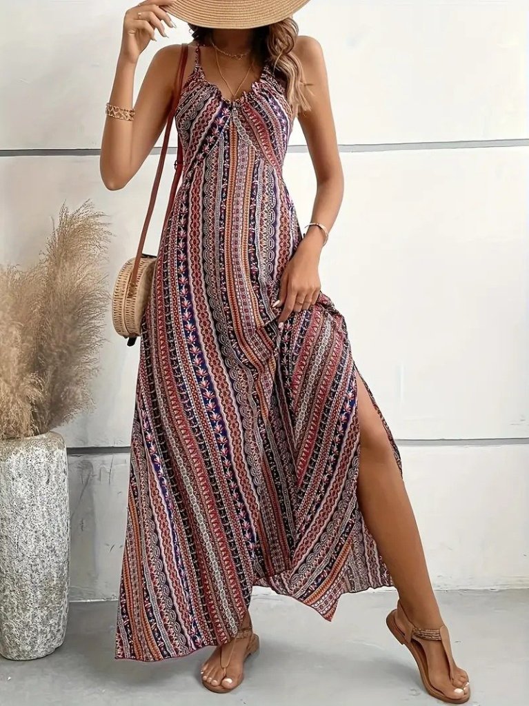Women's Strappy Cross-back Slit Patterned Supra Dress