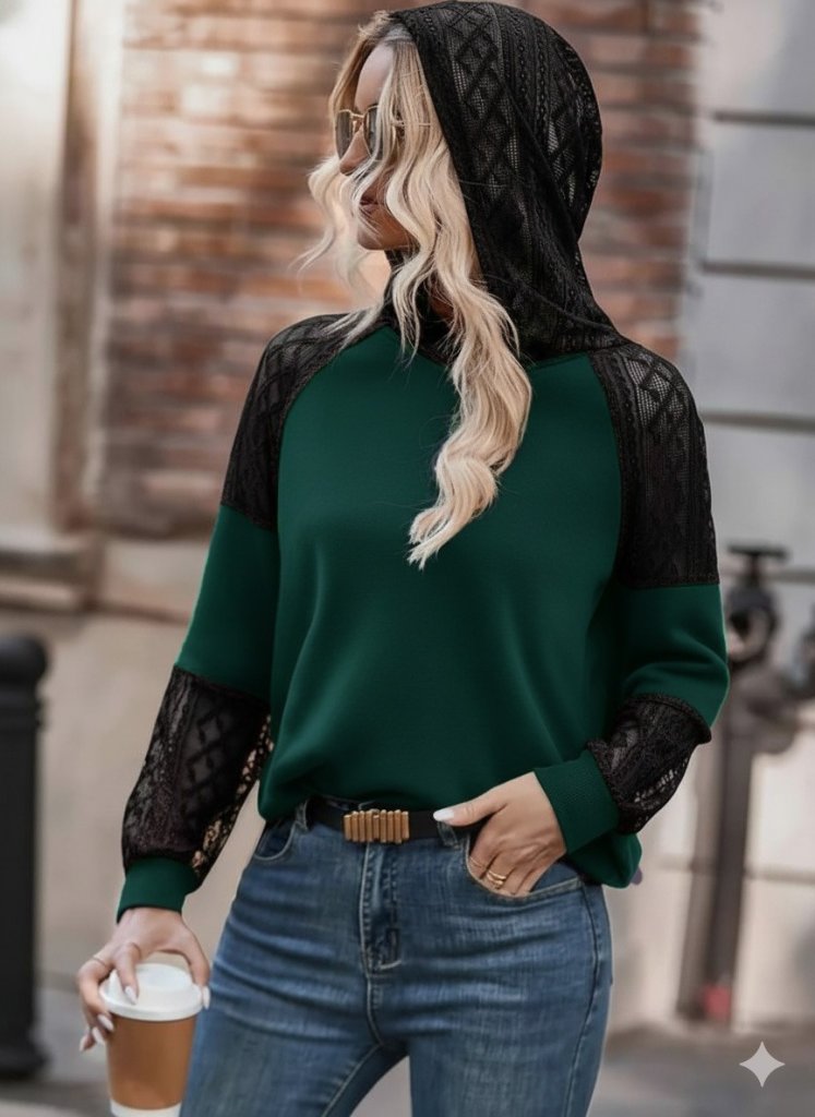 Women's Long Sleeve Lace Hooded Viscose Two-Thread Blouse