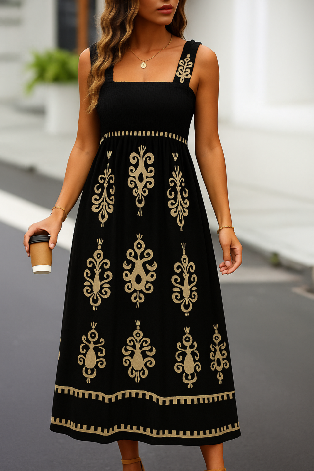 Women's Strap Square Neck Gipe Detailed Patterned Suprem Dress
