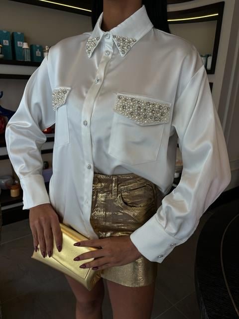Collar and Pocket Pearl Embellished Satin Shirt 3423