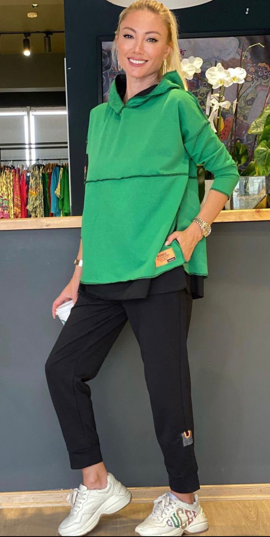 Women's Green Hooded Skirt Hem Detail Patch Two-Piece Set with Reverse Stitching Look