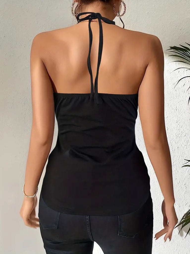 Women's Strappy Eyelet and Cut-Out Detail Halter Neck Viscose Blouse