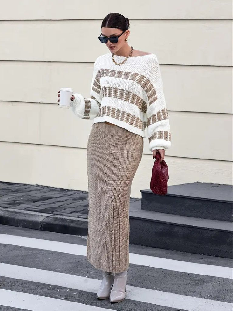 Women's Long Sleeve Boat Neck Loose Knit Blouse and Skirt Two Piece Set