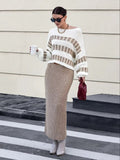 Women's Long Sleeve Boat Neck Loose Knit Blouse and Skirt Two Piece Set
