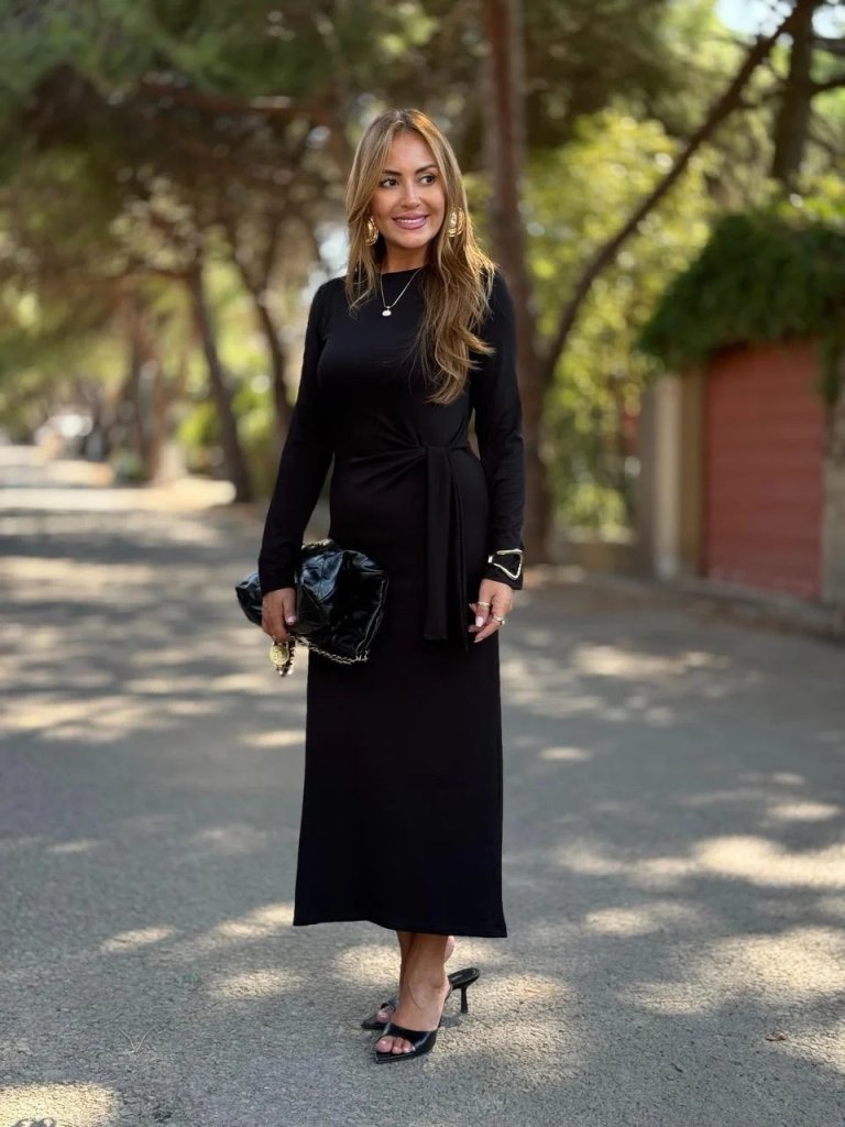 Women's Long Sleeve Crew Neck Side Tie Long Modal Dress