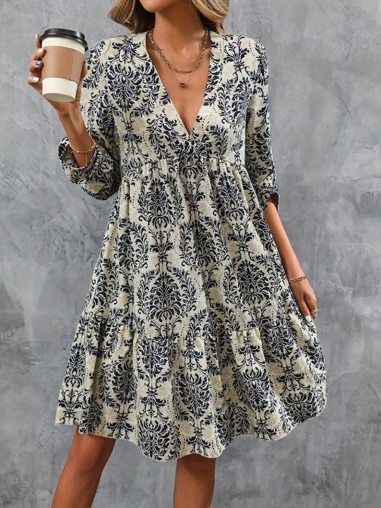Women's Long-Sleeved V-Neck Ruffle Mini Jersey Dress