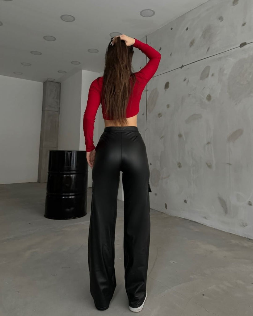 Women's High Waisted Zip-Front Side Pocket Detail Leather Cargo Pants