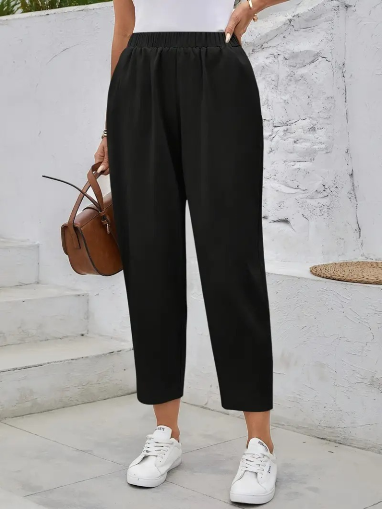 Women's High Waisted Wide Leg Imported Crepe Trousers with Side Pockets and Button Detail