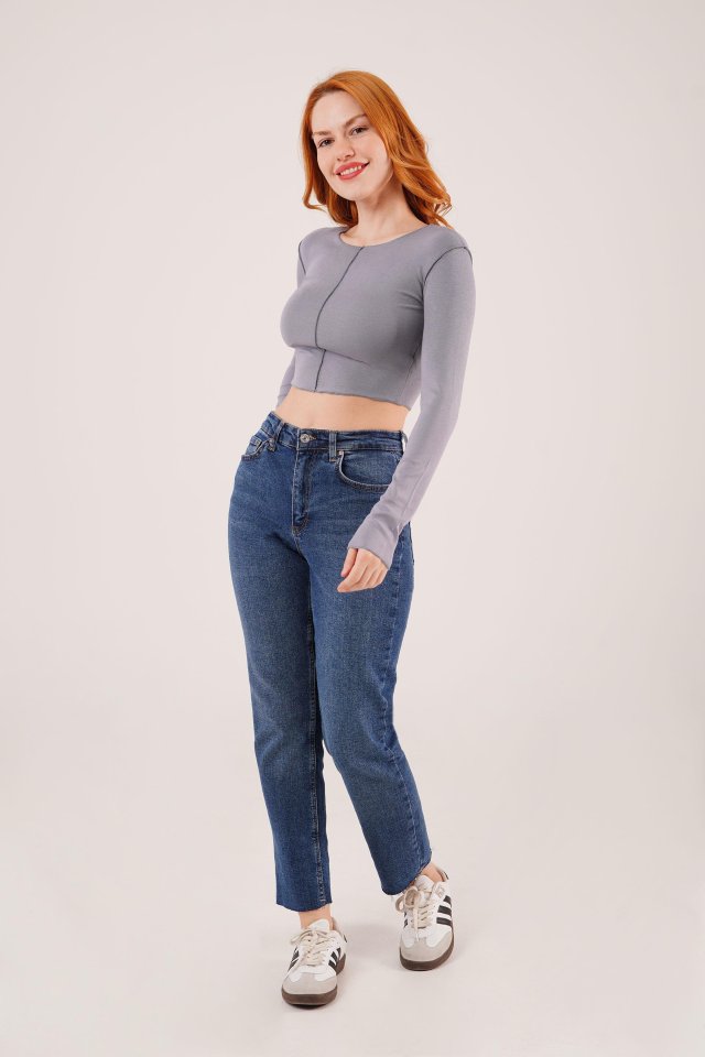 Reversed Stitch Basic Anthracite Bodysuit Blouse