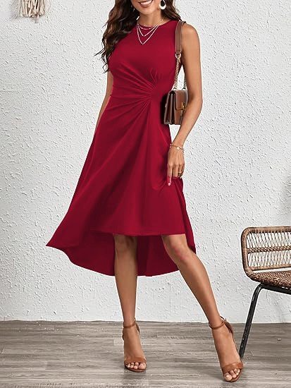 Women's Sleeveless Crew Neck Gathered Asymmetrical Hem Shimmer Crepe Dress