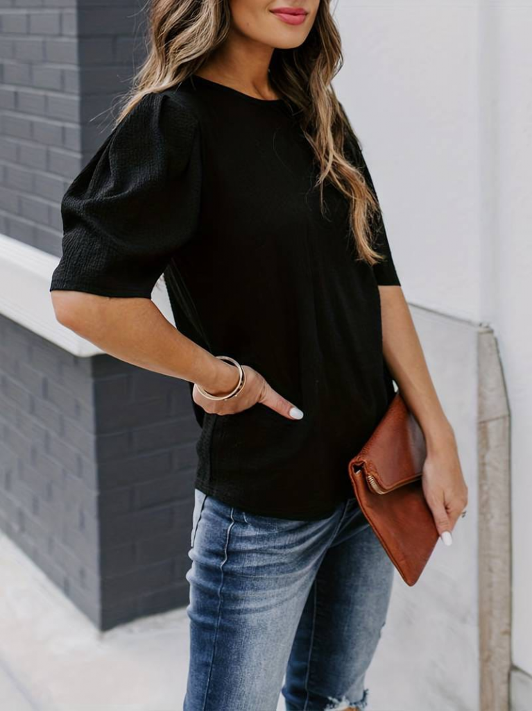 Women's Short Sleeve Pleated Balloon Sleeve Crinkled Blouse
