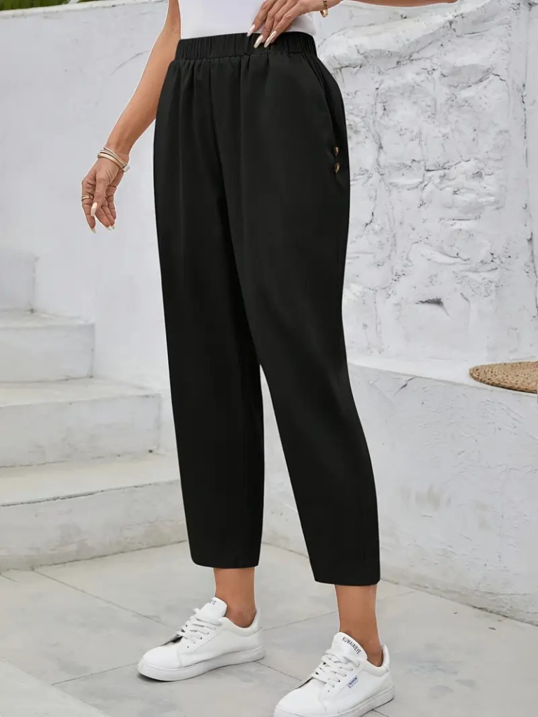 Women's High Waisted Wide Leg Imported Crepe Trousers with Side Pockets and Button Detail