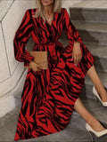 Women's Long-Sleeve Wrap Collar Belted Zebra Print Supremax Maxi Dress