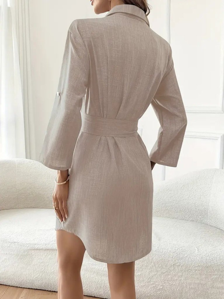 Women's Long Sleeve Collared Button-Front Belted Mini Imported Linen Dress
