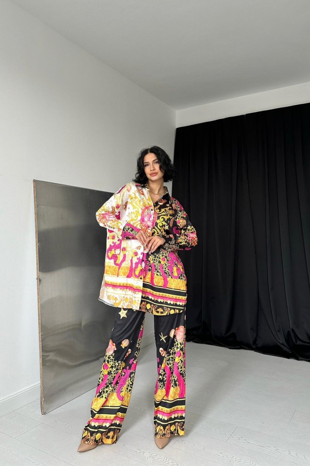 Patterned Shirt And Patterned Pants Set