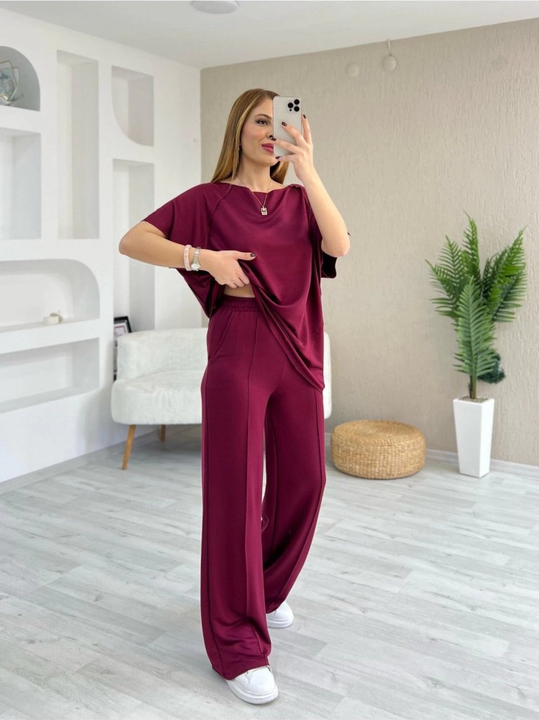 Kadın Kısa Kollu Kayık Yakalı Dikiş Izi Detaylı Viskon Iki Iplik Bluz Ve Pantolon Ikili Takım