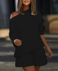 Women's Boat Neck Loose Two-Thread Blouse and Shorts Two-Piece Set
