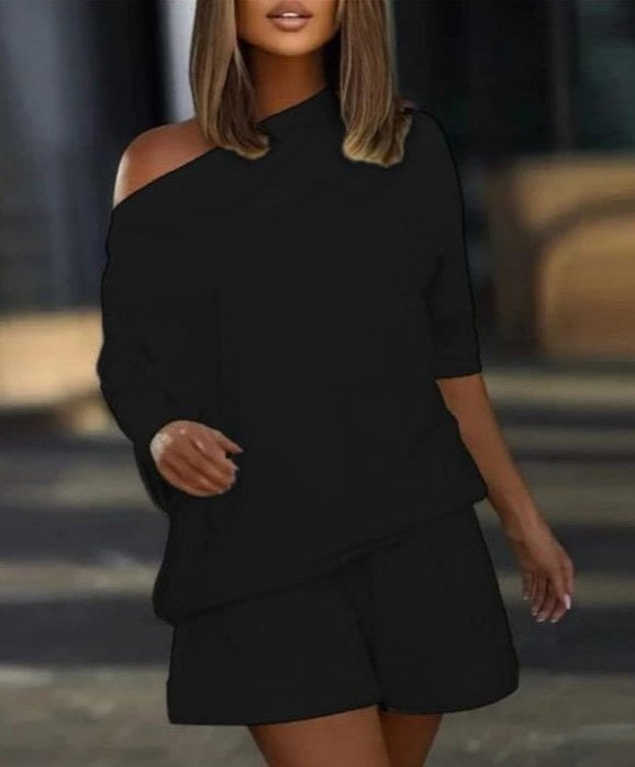 Women's Boat Neck Loose Two-Thread Blouse and Shorts Two-Piece Set