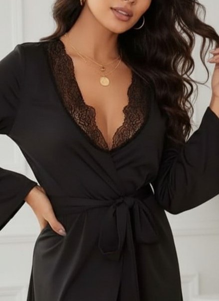 Women's Long Sleeve Lace Collar Belted Viscose Nightgown