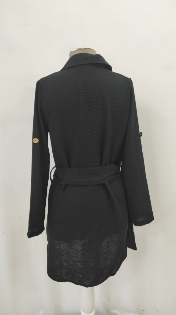 Women's Long Sleeve Collared Button-Front Belted Mini Imported Linen Dress