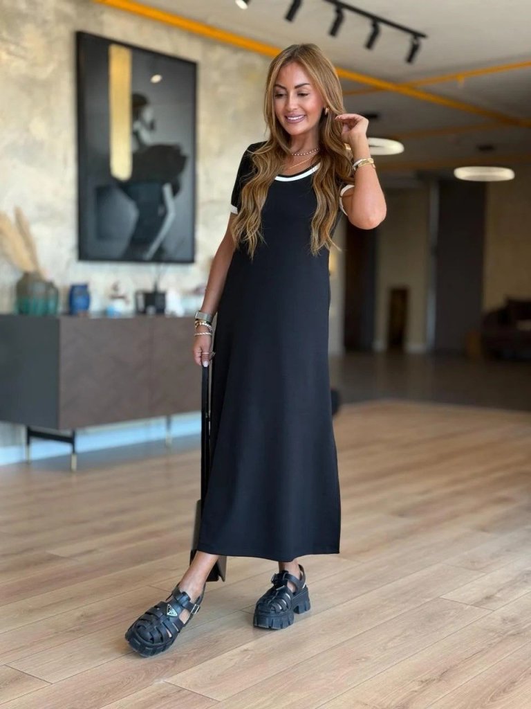 Women's Short Sleeve Crew Neck Side Slit Midi Viscose Dress