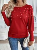 Women's Long Sleeve Round Neck Pearl Viscose Blouse