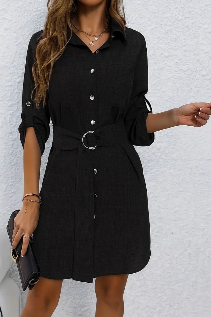 Women's Long Sleeve Collared Button-Front Belted Mini Imported Linen Dress