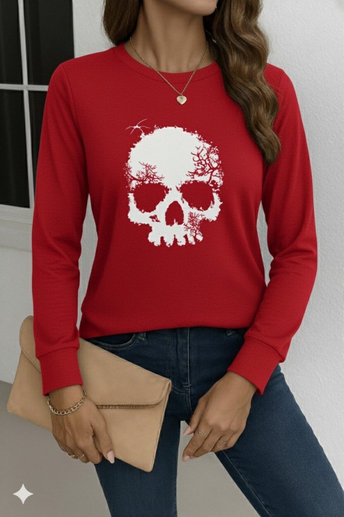 Women's Long Sleeve Crew Neck Skull Pattern Viscose Blouse