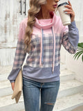 Women's Long Sleeve Turtle Neck Lace-Up Patterned Brushed Scuba Blouse