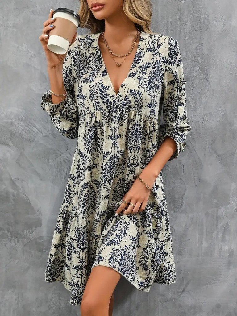 Women's Long-Sleeved V-Neck Ruffle Mini Jersey Dress