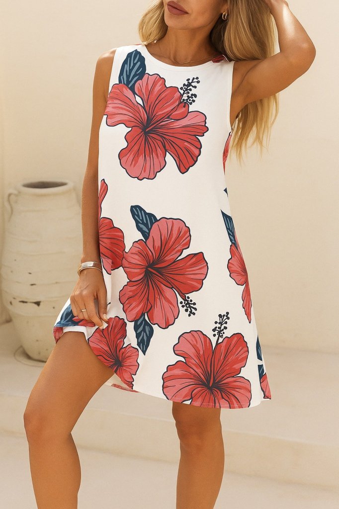 Women's Sleeveless Back-Tie Ruffled Floral Supima Cotton Dress