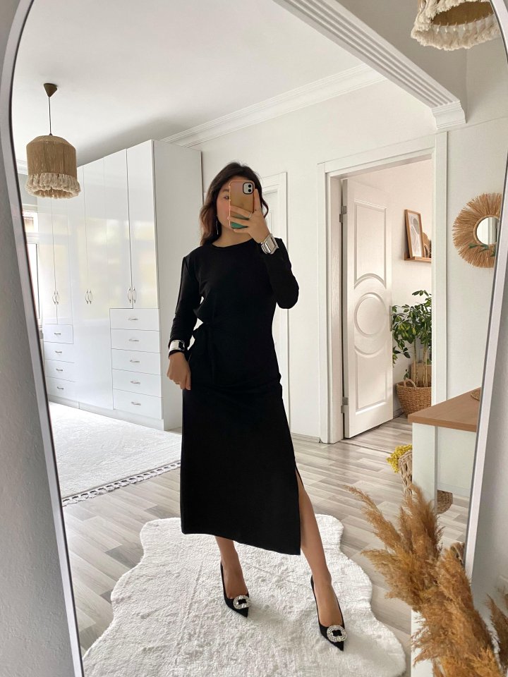 Women's Long Sleeve Crew Neck Cross-Tie Waist Side Slit Long Viscose Two-Thread Dress