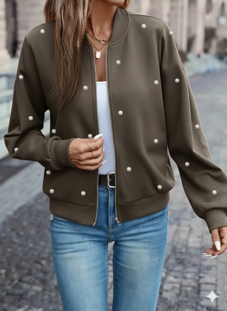 Women's Long Sleeve Front Zip Pearly Short Modal Jacket
