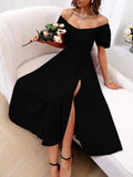 Women's Short Sleeve Square Neck Slit Midi Crepe Dress