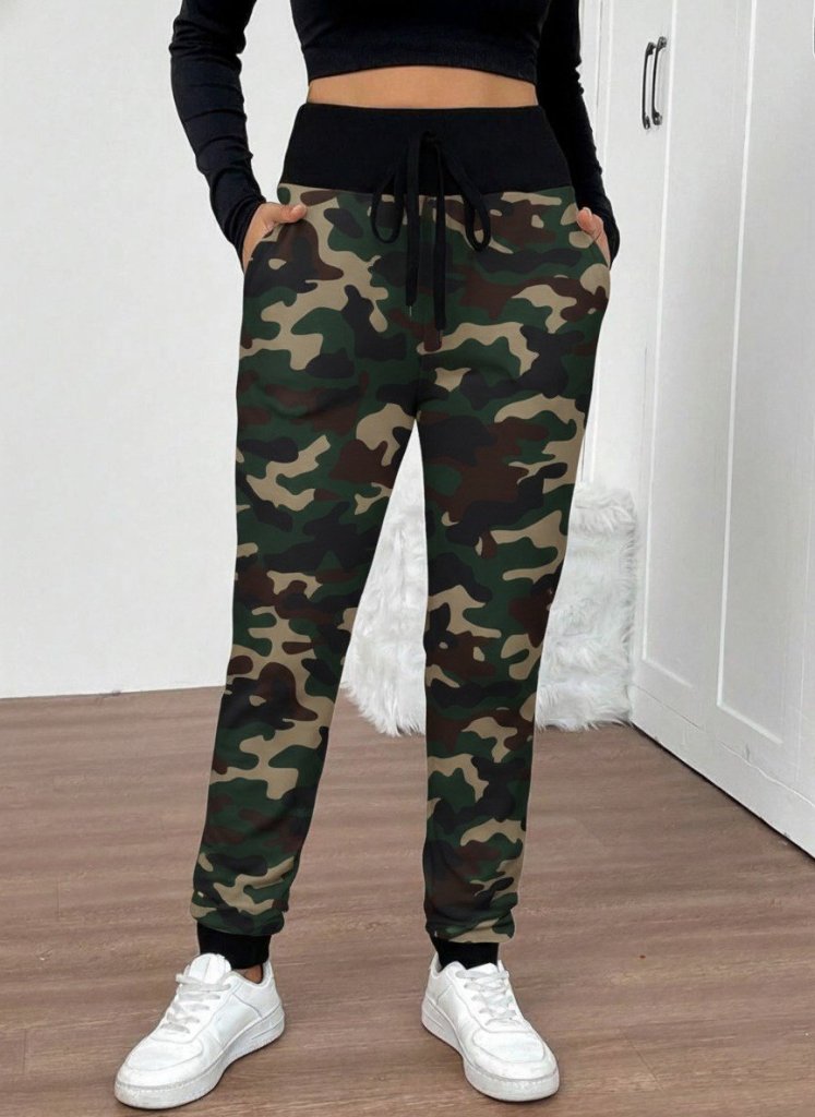 Women's High-Waisted Lace-Up Patterned Two-Thread Trousers