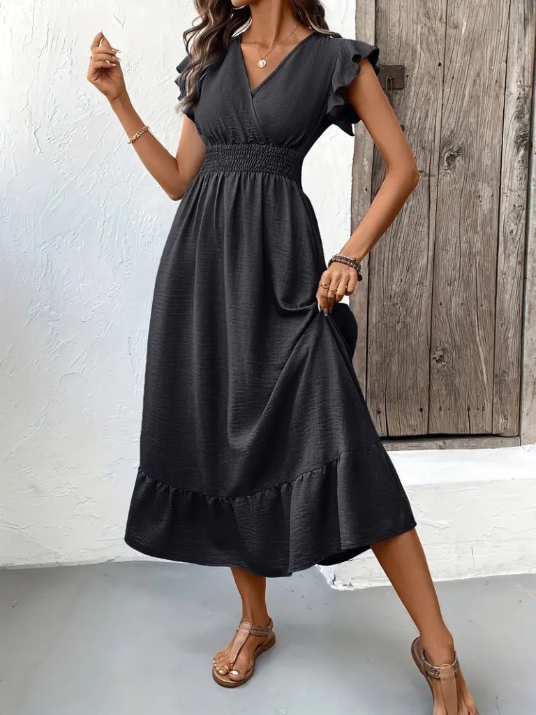 Women's Short Butterfly Sleeve Wrap Neck Elastic Waist Aerobin Dress