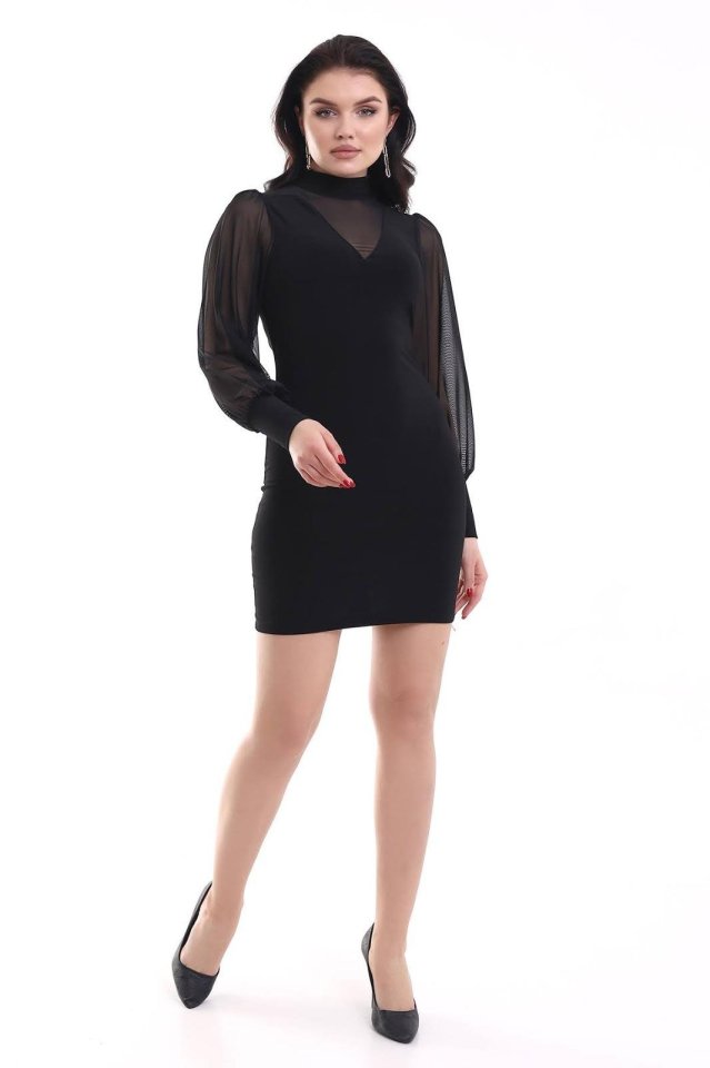 Women's Turtleneck Transparent Detail Discount Product Sandy Fabric Mini Dress