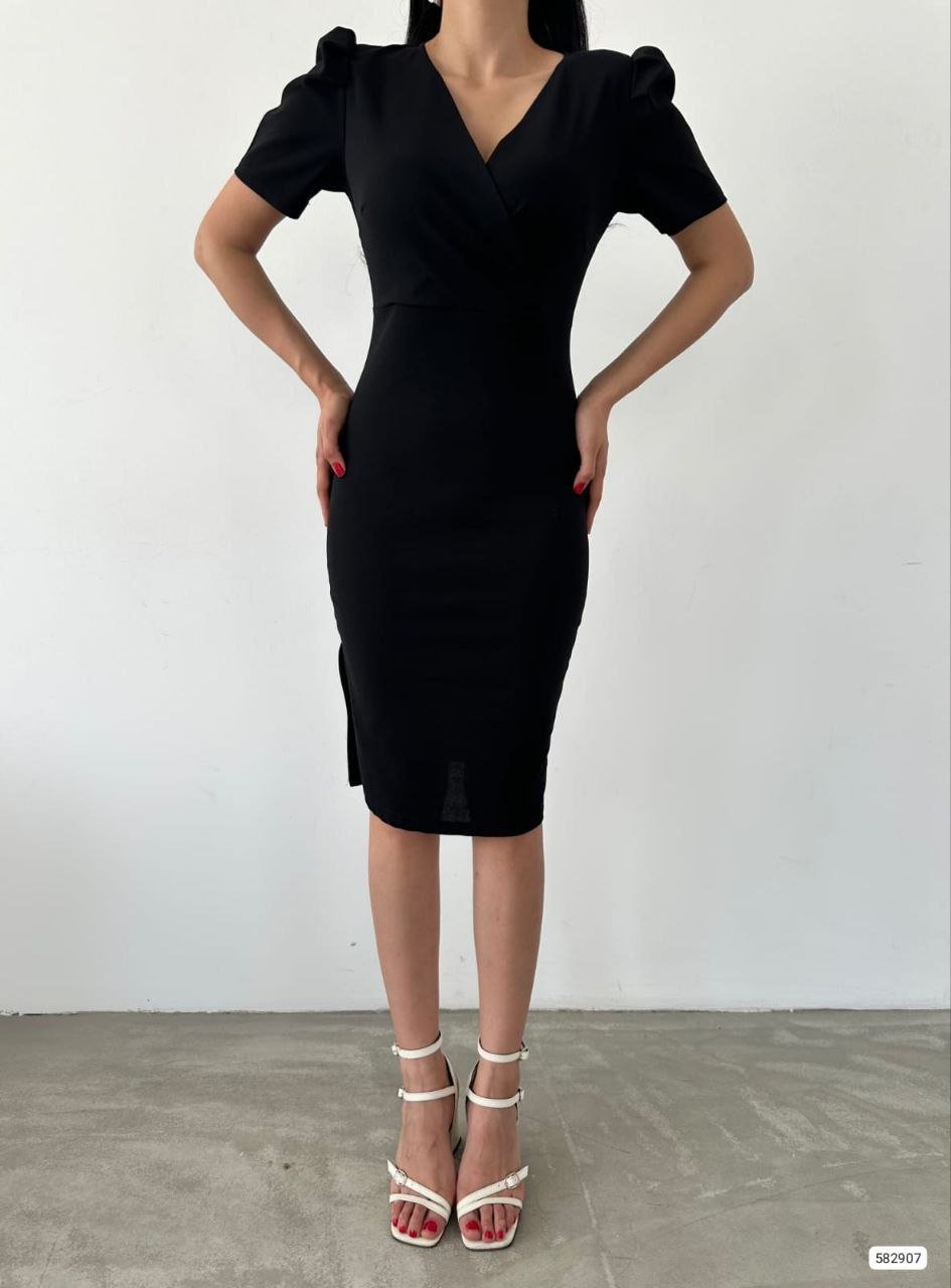 Women's Crossover Neck Side Slit Detail Scuba Crepe Fabric Midi Dress