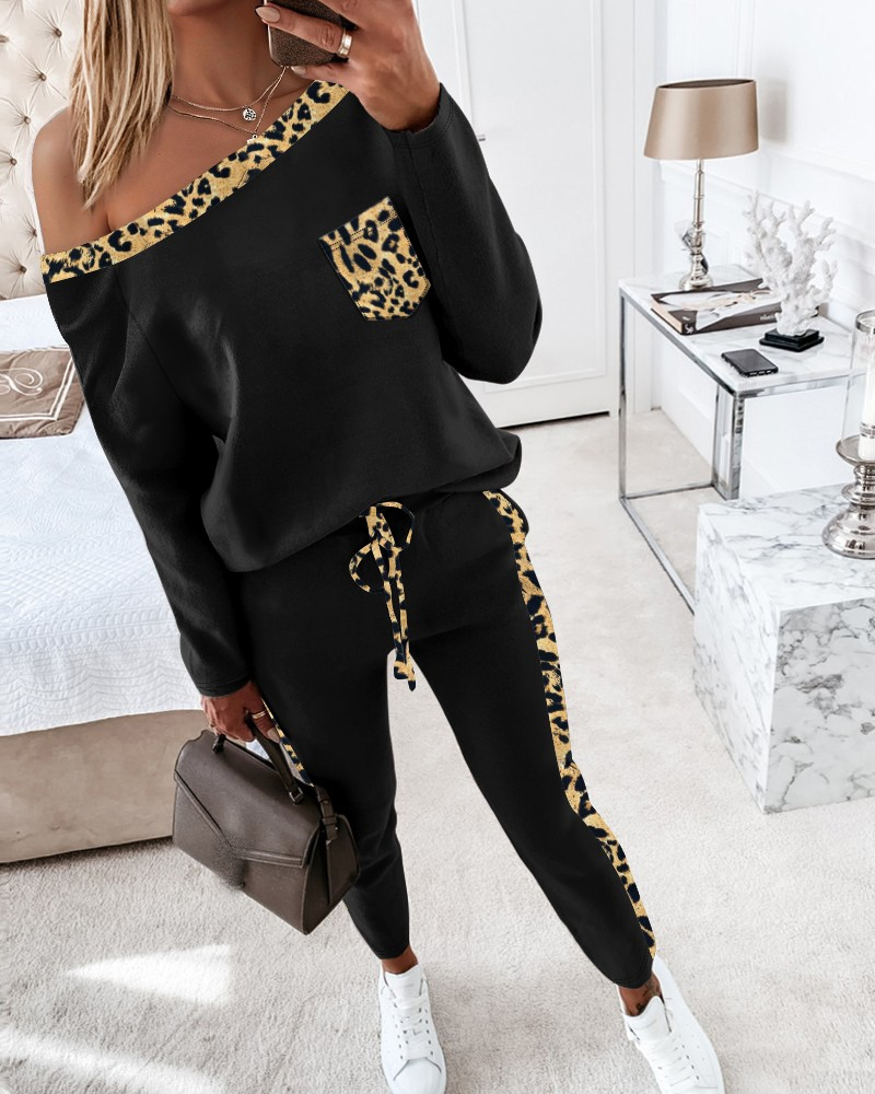 Women's Long Sleeve Leopard Detail Viscose Two-Thread Two-Piece Set