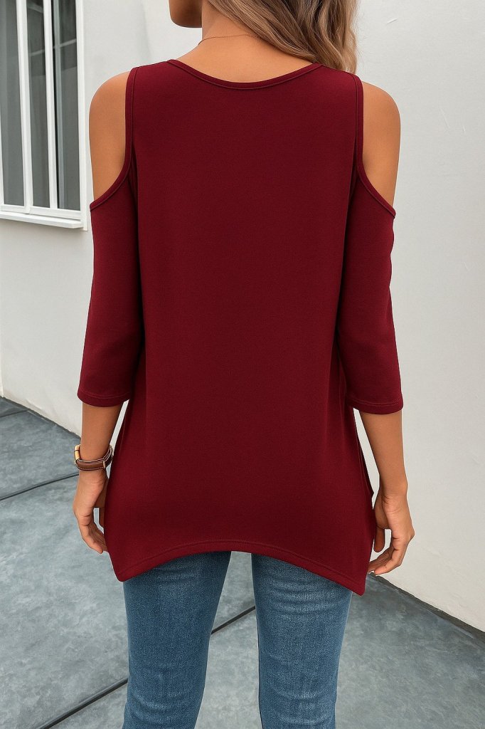 Women's Off-the-Shoulder Round Neck Asymmetric Cut Detail Viscose Blouse