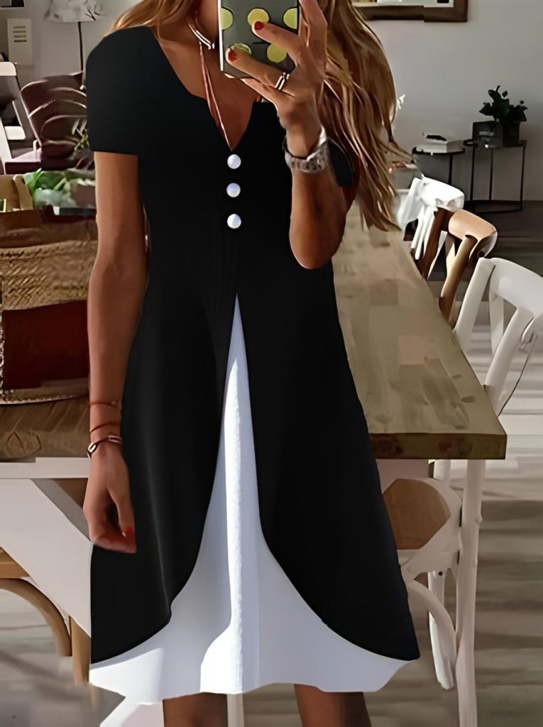 Women's Short Sleeve V-Neck Button-Front Two-Tone Viscose Dress