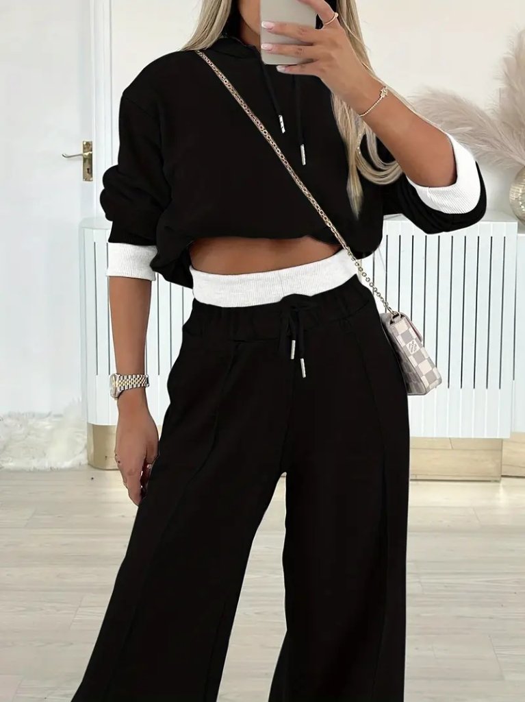 Women's Long Sleeve Hooded Viscose Two-Thread Blouse and Pants Two-Piece Set