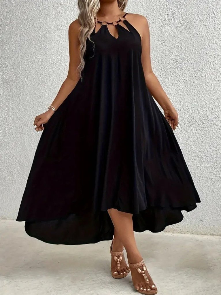 Women's Asymmetrical Viscose Dress with Ring Detail and Teardrop Cutout Neckline