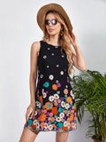 Women's Sleeveless Crew Neck Floral Print Jersey Mini Dress