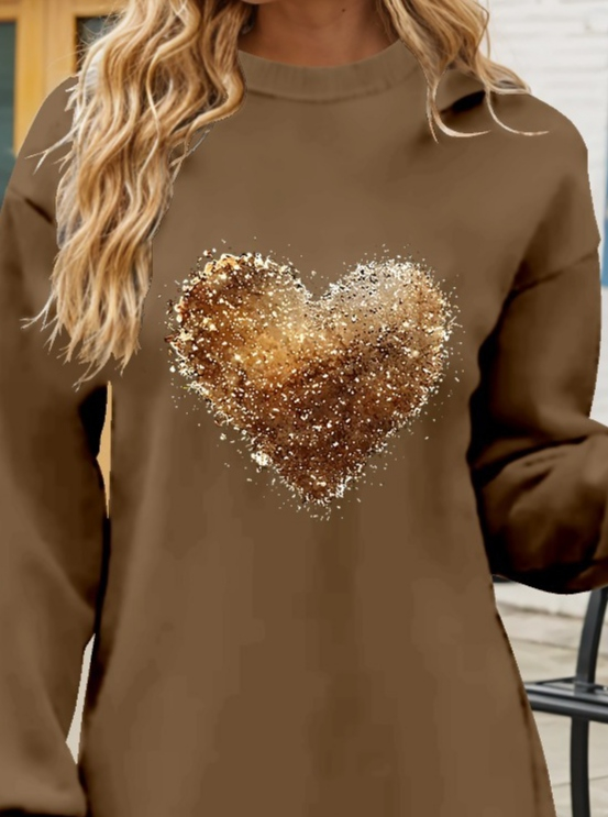 Women's Long-Sleeved Crew Neck Heart Pattern Viscose Two-Yarn Blouse