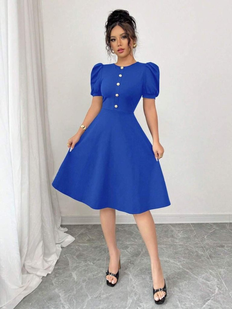 Women's Short Sleeve Crew Neck Button-Front Imported Crepe Dress