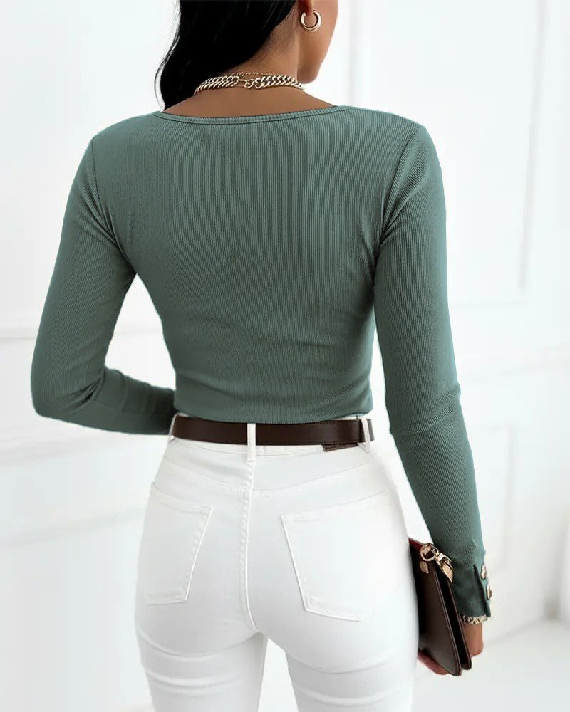 Women's Long Sleeve V-Neck Button Detail Ribbed Blouse Mint Green