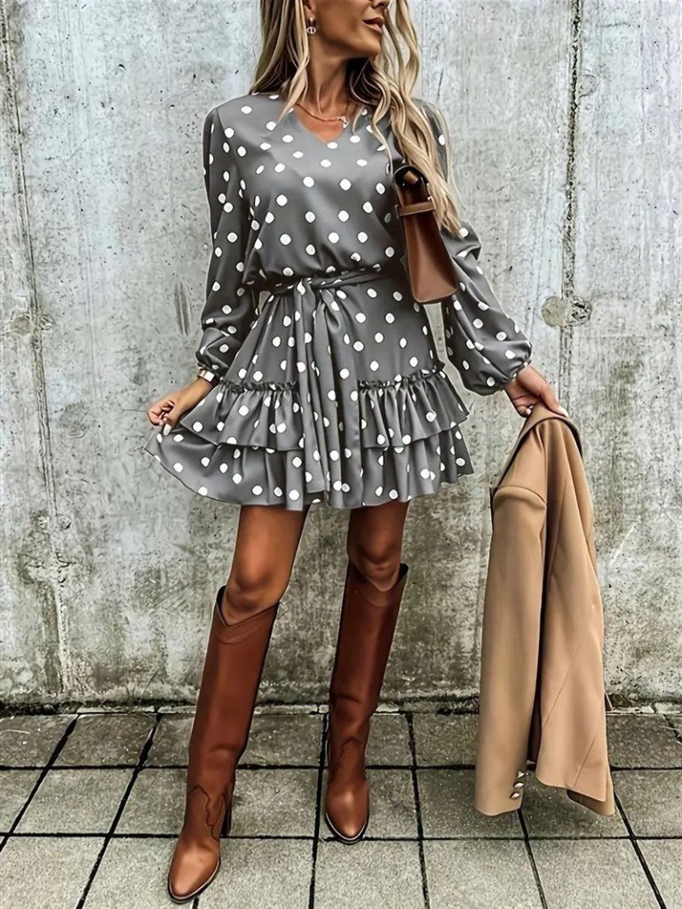 Women's Long Sleeve V-Neck Belted Polka Dot Mini Modal Dress