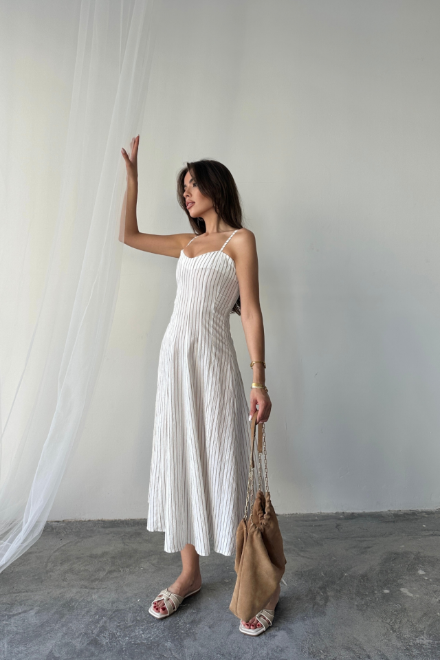 SHIMMER STRIPED STRAPPY MIDI DRESS - Brown